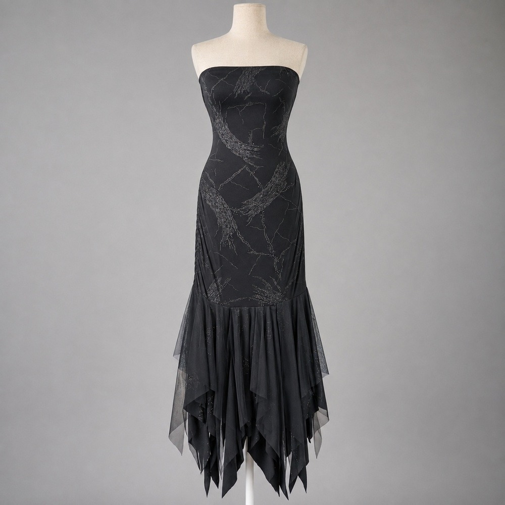 Vintage Y2K Handkerchief Hem Strapless Maxi Dress Size S Glitter Mesh Whimsigoth